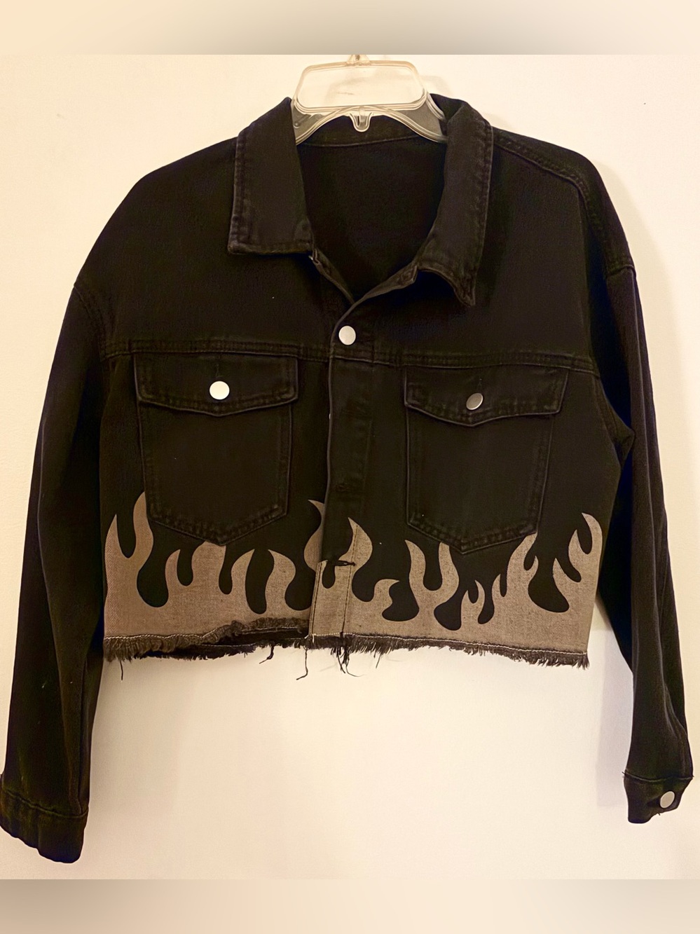 Black Denim Cropped Jacket with Taupe Flames and Raw Hem